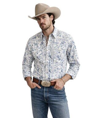 Roper Mens L Western Cowboy Pearl Snap Shirt Blue White Floral L Cotton Rodeo